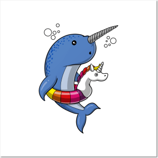 Narwhal Fish Riding Unicorn Float Posters and Art